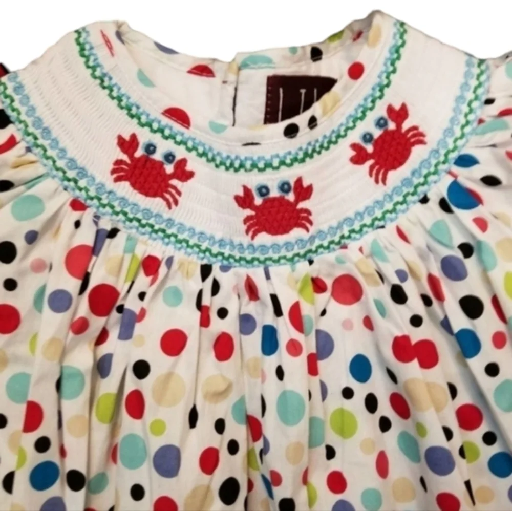 Lil Cactus Smocked Crab Beach Nautical Polka Dot Primary Colors Vintage Dress 3T